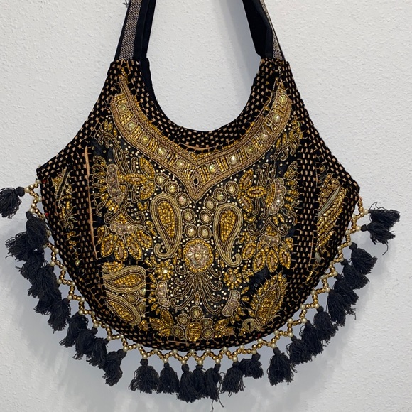 Handbags - Embroidered Black and Gold Women's Bag